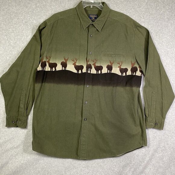 Woolrich Mens Sz 2XL Green Long Sleeve Button Down Graphic Deer Print Shirt - Picture 1 of 12